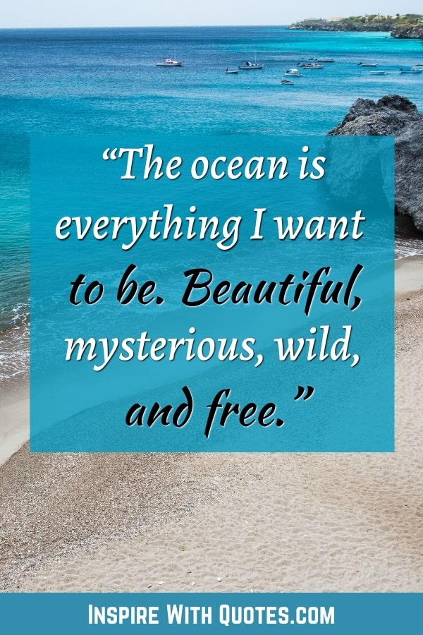A white sandy beach with the quote "the ocean is everything I want to be."