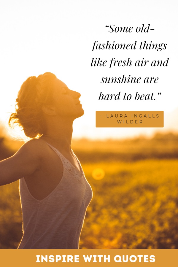 woman taking a deep breath in a sunset with a quote about fresh air