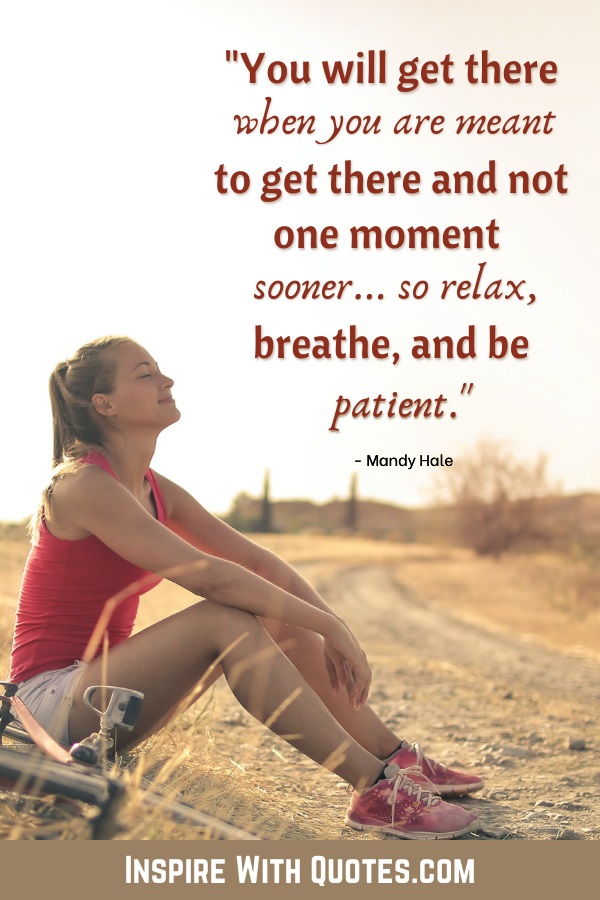 a woman sitting in a field breathing with a quote about taking a deep breath and being patient